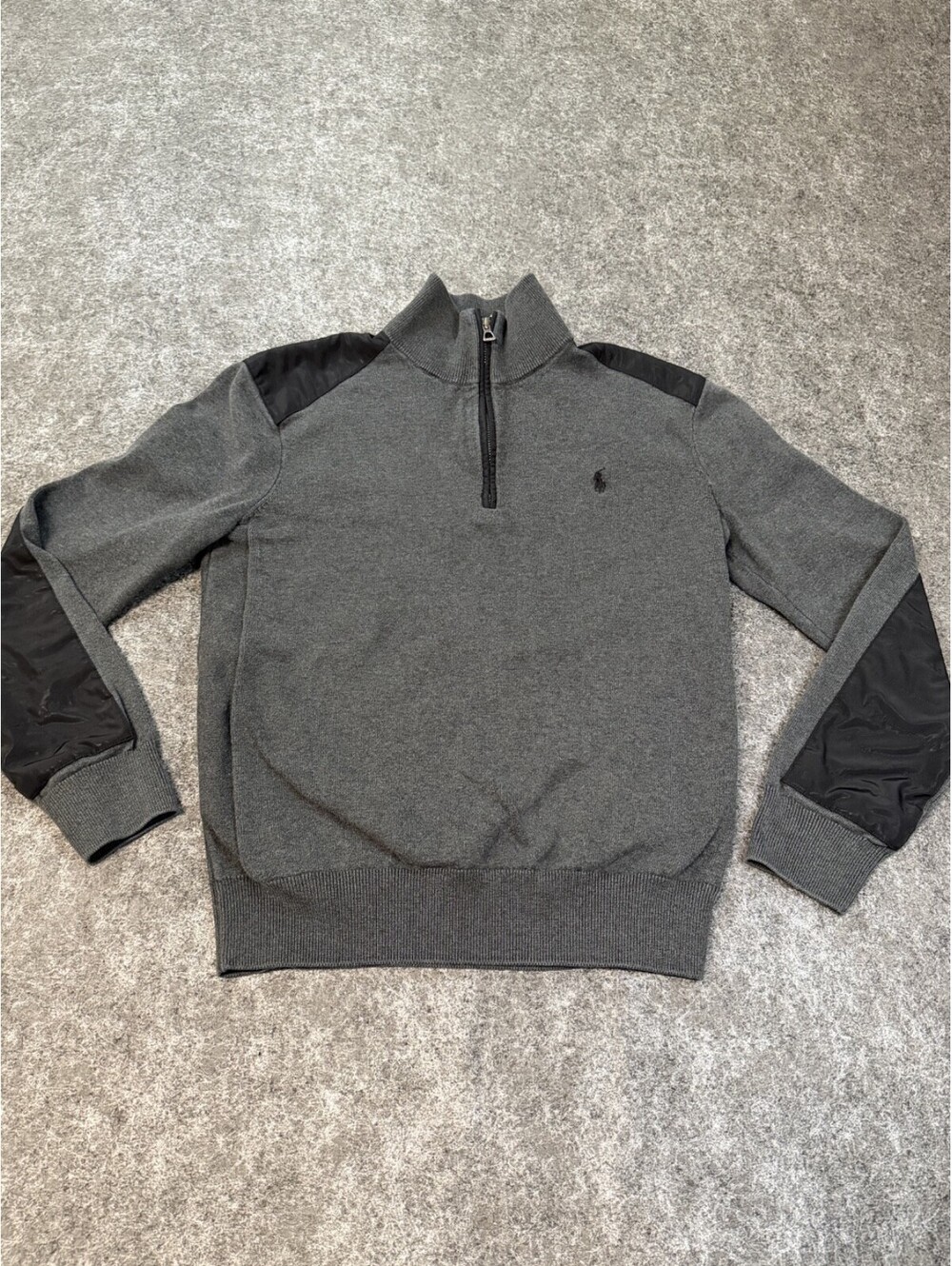 Polo Ralph Lauren Mens Small Gray 1/4th Zip Sweater Black Shoulder Elbow Patches
